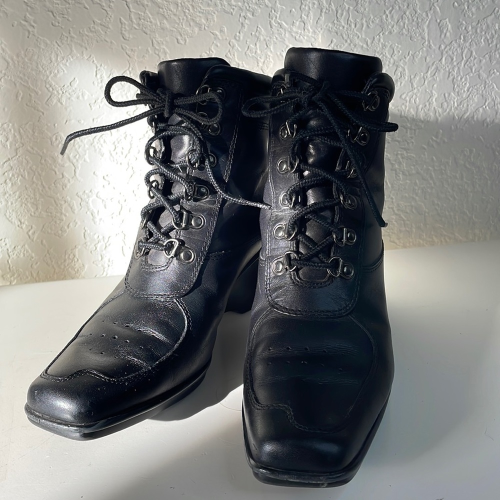 Timberland Black Leather Square Toe Punk Lace up Wedge High Ankle‎ Boot. 6.5